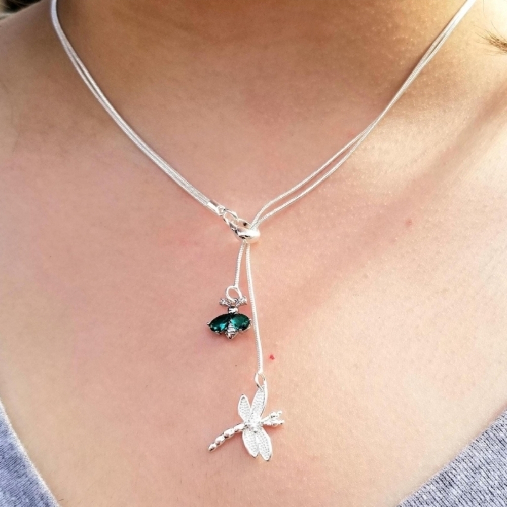 Sterling Silver Blue Topaz Bee & Dragonfly Lariat Necklace, December Birthstone